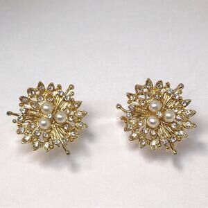 Vintage Goldtone Floral Starburst Earrings Rhinestones & Faux Pearls Post Back